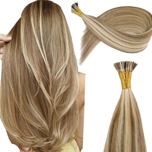 KiiKiiGirl Remy I Tip Hair Extensions Human Hair 20 Inch #7/60 Chocolate Brown to Caramel Blonde Itip Human Hair Extensions Invisible Silky Straight 30g/30s