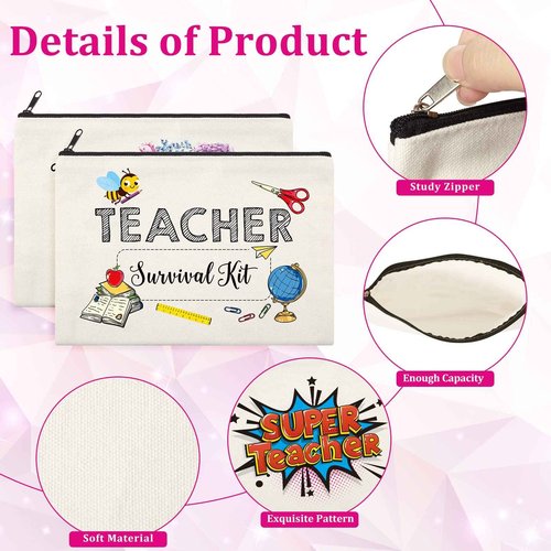 18 Pcs Teacher Makeup Bags for Women 6 Styles Canvas Pencil Bags Travel Toiletry Case with Zipper Gift for Teacher's Day Graduation Back to School (Cute)