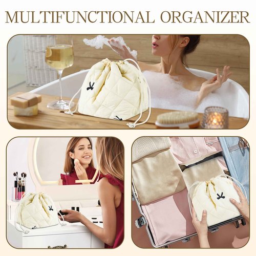 AMZMA Quilted Makeup Bag for Women, Coquette Aesthetic Cosmetic Bag, Cute Travel Toiletry Bag, Cotton Drawstring Pouch for Women and Girls