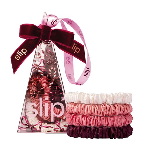 slip Skinny Scrunchies in Candy Cane Ornament Packaging: Anti-Crease, Anti-Breakage Slipsilk™ Design Protects Delicate Hair | Includes 4 Pure Silk Scrunchies
