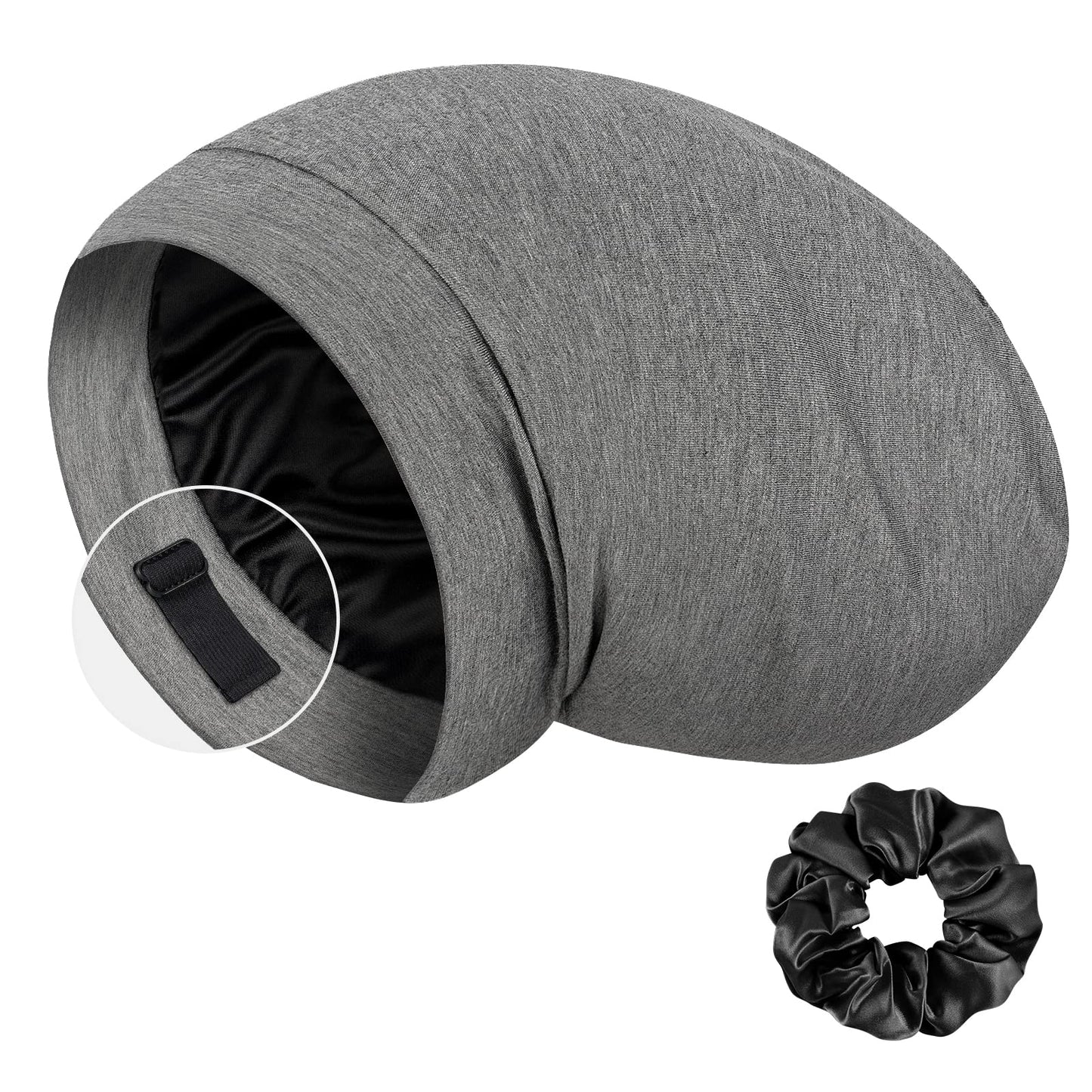 LULUSILK Mulberry Silk Bonnet for Sleeping Women, Real Silk Sleep Cap for Curly Hair and Braids, Pure Silk Head Wrap with Scrunchies, Grey