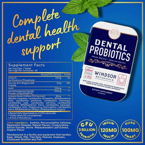 Dental Probiotics for Teeth and Gums - 3BN CFU Lactobacillus Salivarius Acidophilus Casei Tablets - Oral Probiotics for Mouth Bad Breath Treatment for Adults - 45 Chewable Dental Probiotic in a Tin