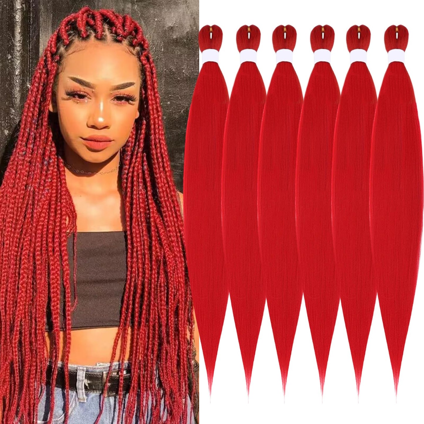 FYRLNA 6 Packs 30 Inch Pre Stretched Braiding Hair High Temperature Synthetic Fiber Pre Stretched Ombre Braiding Hair Hot Water Setting For Crochet Twist Braids (30 Inch (Pack of 6), Red)