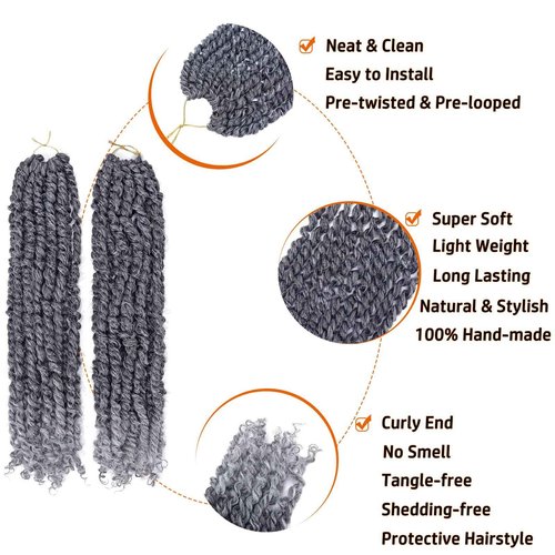 Passion Twist Hair 18 Inch Pre-twisted Passion Twist Crochet Hair for Women Pre-looped Water Wave Crochet Braids Bohemian Curly Crochet Hair Synthetic Hair Extensions 8 packs 1B/Gray