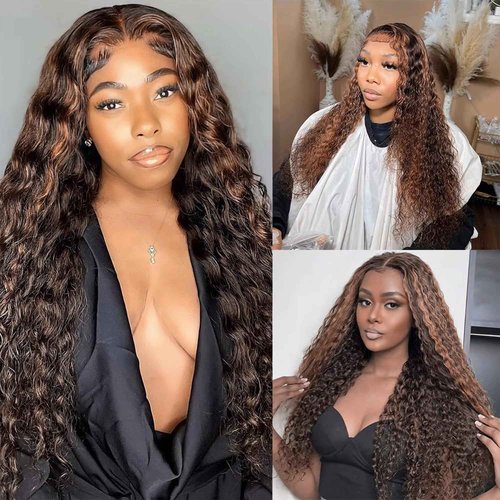 Ombre P1B/30 Highlight Bundles Human Hair Unprocessed Brazilian Virgin Human Hair Single Bundle Black Mixed With Brown 24 Inch Deep Wave Bundle Double Weft Hair Extension for Women 100g Total