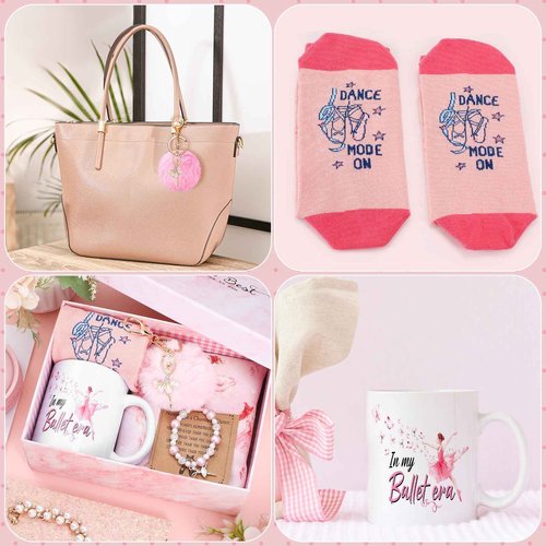 Teenyyou 6 Pcs Ballerina Recital Dance Gifts for Girls Glitter Pink Bracelet Pom Pom Keychain Makeup Bag Socks Funny Mug Stuff for the World International Dance Day for Daughter Granddaughter Friends