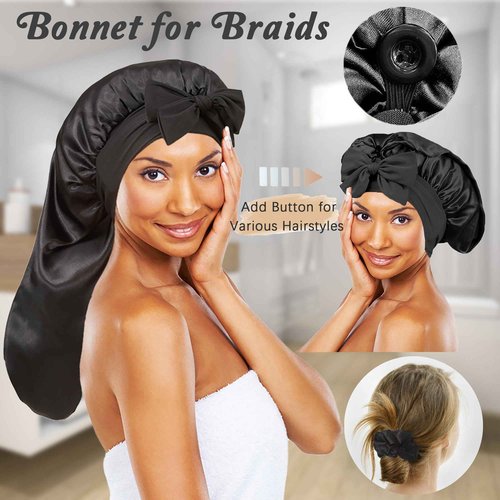 Long Bonnet with Tie Band, Satin Silk Hair Bonnet for Sleeping Women, Sleep Bonnets for Women, Silky Sleep Cap for Curly Hair Braids