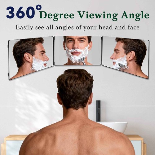 3 Way Mirror for Self Haircut with Adjustable Hook - 360° Trifold Barber Mirror, HD Anti-Distortion Glass, Portable Black Mirror for Hair Cutting, Shaving, Braiding & Makeup (Door/Wall/Tabletop Use)