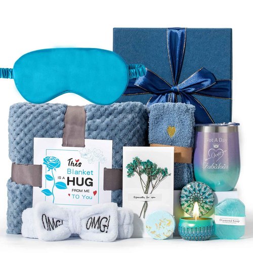 Gifts Basket for Women,Birthday Gifts for Women Birthday Presents Friendship Gifts Get Well Soon Gifts Self Care Package Gifts Blue Gift Box Relaxing Set Unique Gifts with Blanket for Mom,Wife,Sister