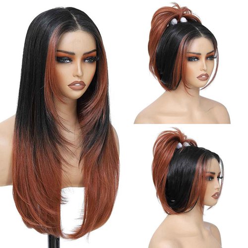 Synthetic Lace Front Wig Pre Cut Lace Glueless Wig Wear And Go 13X4X1 Inch HD Lace Layered Wig Pre Plucked Pre Bleached Glueless Wig Synthetic Wigs For Women Auburn Brown Black Root（2/30）26 Inch