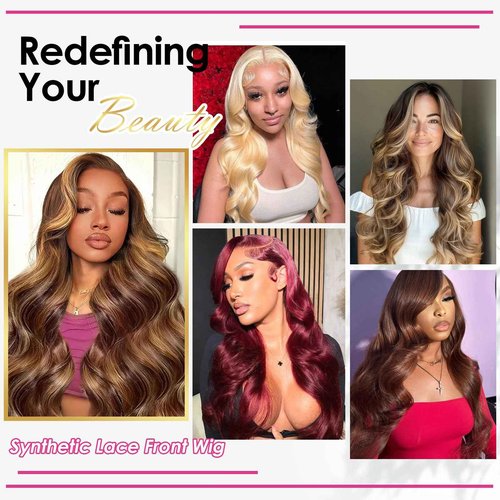 Ruiieea Highlight Synthetic Lace Front Wig 13x4 Lace Front Wig Honey Blonde Glueless Synthetic Body wave Lace Frontal Wig for Women 26 Inch
