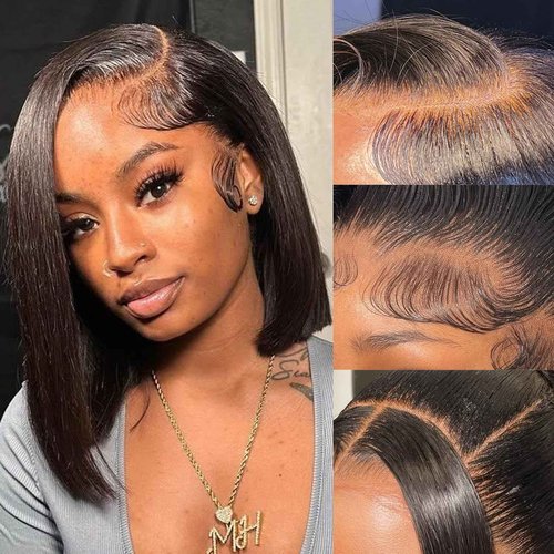 CISWER Short Bob Wig Human Hair Straight 13x4 Lace Front Wig Human Hair Bob Wigs for Black Women Glueless 180 Density Black Wig 12 Inch