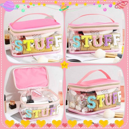 libfrnt Chenille Letter Clear Makeup Bags, Preppy Pink Stuff Bag Chenille Patch Makeup Bag Travel Cosmetic Bag with Handle Zipper Waterproof TPU Toiletries Organizer Pouch for Women Girl