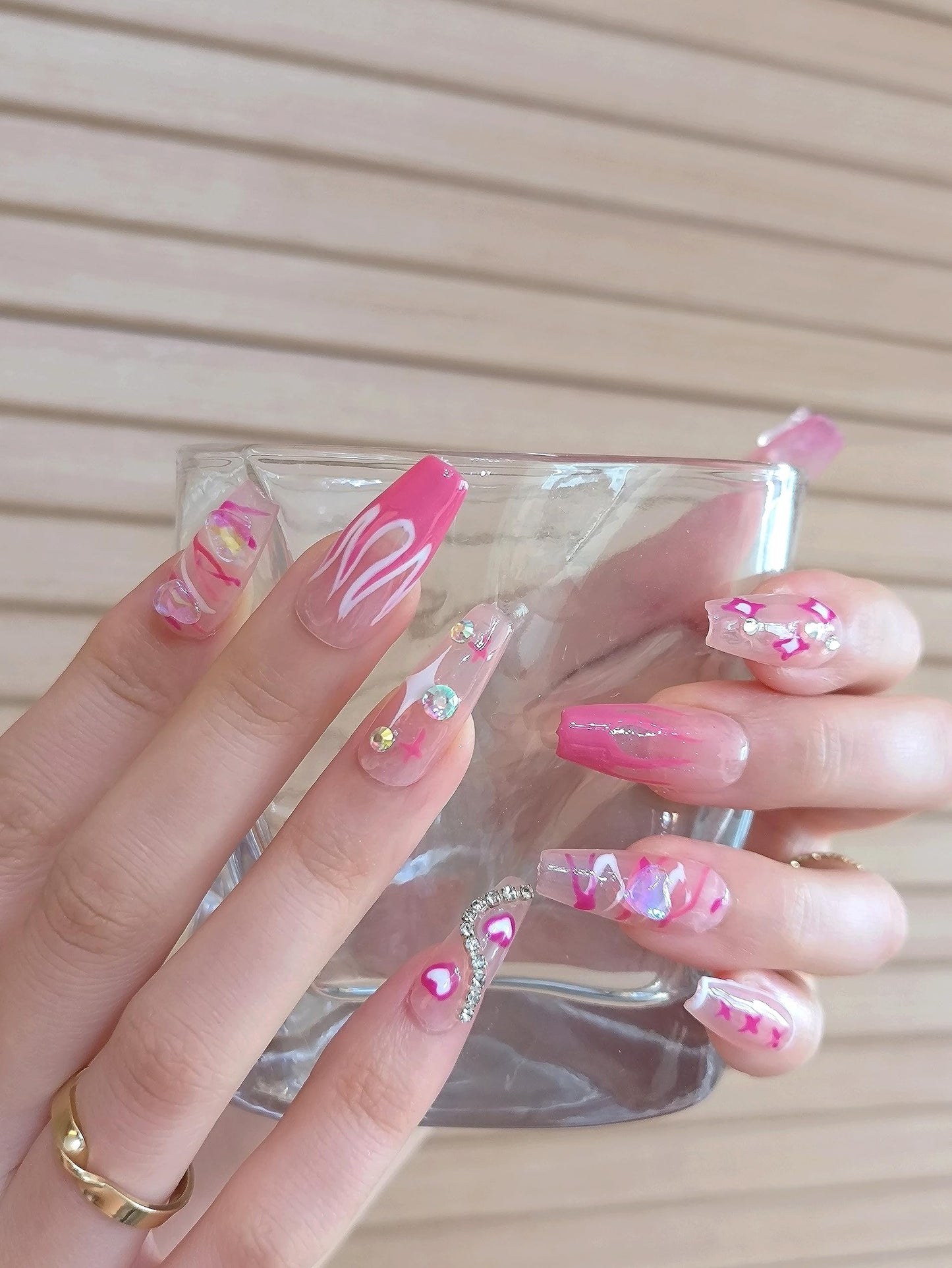 Handmade 10pcs Press on Nails Ballerina Coffin Almond Oval, Fake Nails for Women, Fit & Natural, Stick on Nails Acrylic Reusable Nails, False Nails with Toolkit (Medium, Pink Fire Y2K)