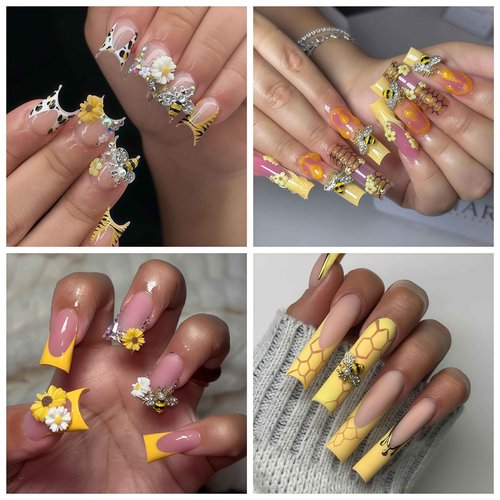 100PCS Nail Charms and Gems Gold Bee Yellow Flower for Nails Design，3D Daisy Y2k Nail Jewels Bulk Nail Art Decor Set
