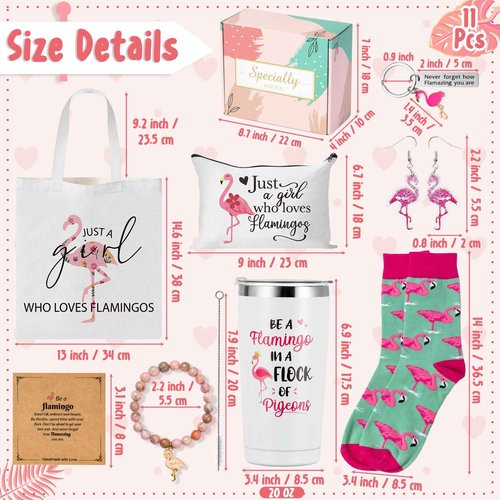 Y1tvei Flamingo Canvas Bag Gifts - 11Pcs Just A Girl Who Love Flamingos Canvas Tote Bag Makeup Pouch, Thermos Cup Stockings Pink Bracelet Card Adorable Earrings Keychain, Flamingo Lover Gift for Girls