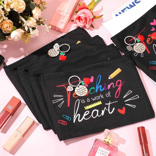 Yinkin 16 Pcs Teacher Appreciation Gifts Set, 8 Teacher Makeup Pouch Cosmetic Bags and 8 Teacher Appreciation Keychains for Teacher (Teaching)