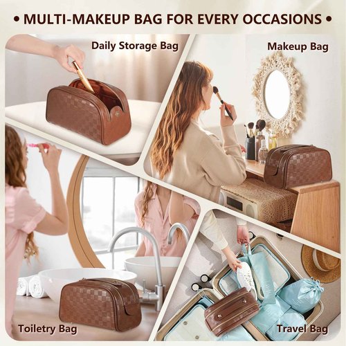 Eowihor 2 Pcs Makeup Bags Set, Large Capacity Makeup Organizer for Women, PU Leather Make Up Bag Portable Travel Toiletry Bag, Stylish Tessellated Cosmetic Bag Two Sizes to Match With Your Heart