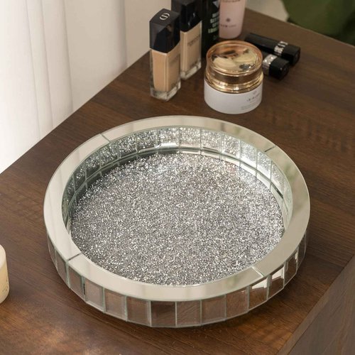 12in Round Rotating Organizer Tray,Silver Mirror Glass Coffee Table Tray,Table Centerpieces Decorative Trays for Home Decor,Living Room, Modern Decorative Trays, Centerpiece Trays