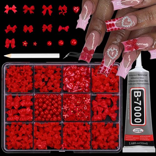 RODAKY Bow Nail Charms and Pearls with B7000 Glue,Assorted Coquette Bowknot Nail Charms for Acrylic Nail Supplies Decoration,Red 3D Flower Heart Round Gems Nail Jewels for DIY Nail Art Accessories