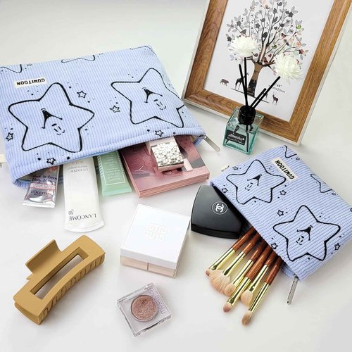 GUMITOON 2pcs Blue Star Corduroy Makeup Bag for woman-aesthetic cute stuff as pouch case and purse organizer for girl-cosmetic travel toiletry bag small baggu glossier
