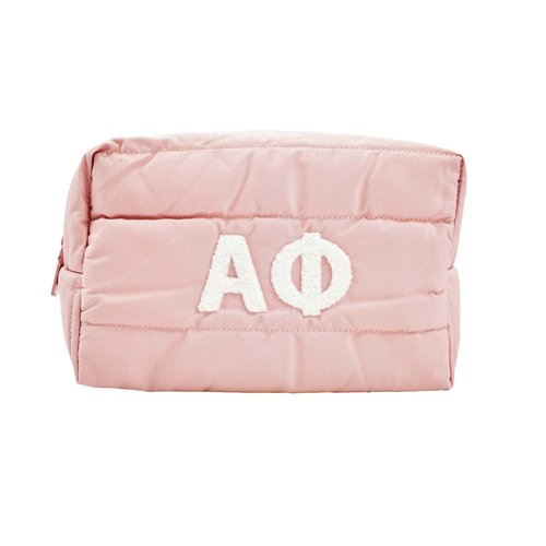 Sorority Shop Alpha Phi Makeup Bag- Puffer Style with Sorority Letters, Travel Cosmetic Bag with Zipper Closure, Perfect Alpha Phi Sorority Gifts for Women