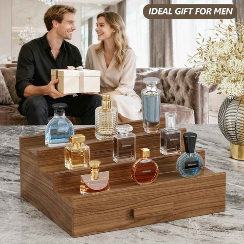 Hrbjunuo Walnut Wood Cologne Organizer for Men 3 Tier Cologne Stand,Cologne Display Shelf with Drawer Storage,Perfume Stand Organizer Perfume Display Holder Great Gift for Men Father Christmas