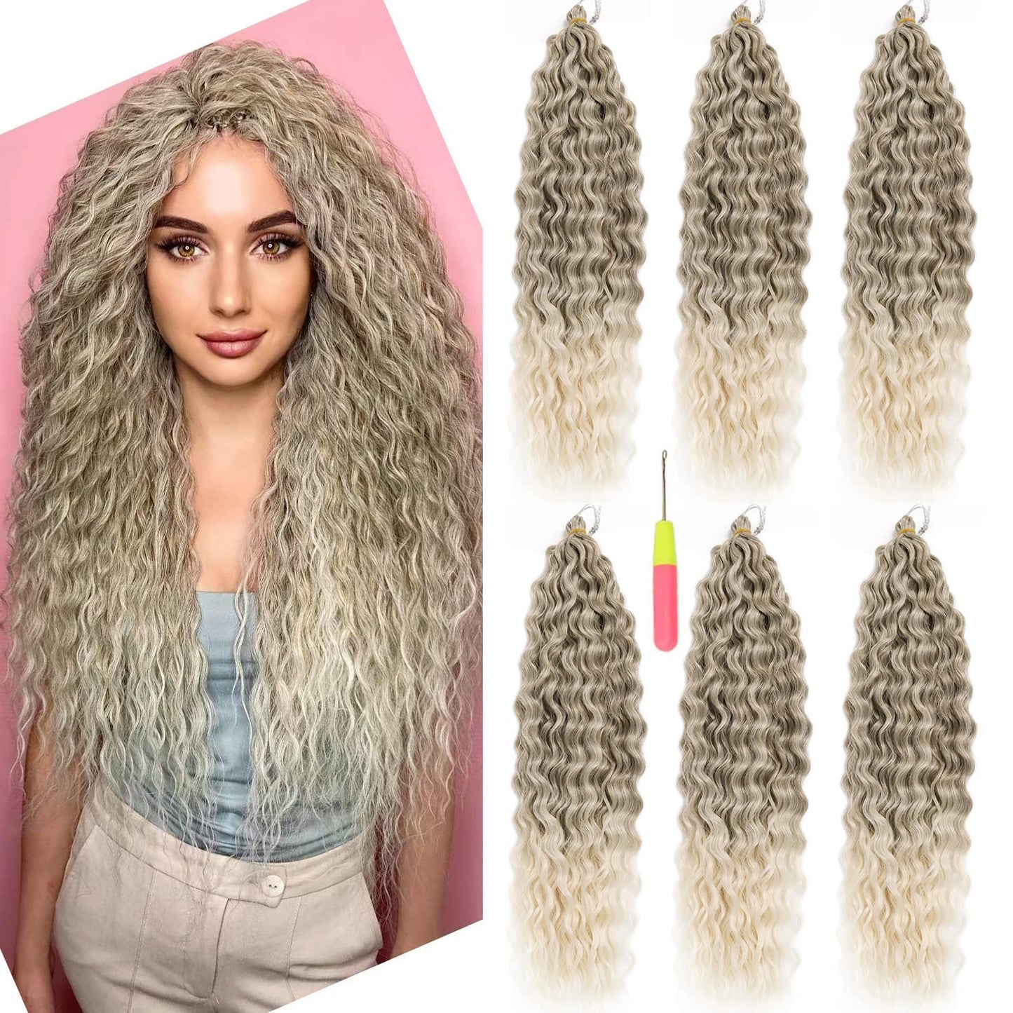 MAYSA Ocean Wave Crochet Hair Extensions, Cyan Brown Curly Braiding Crochet Hair, 22 Inch 6Packs Ombre Crochet Hair Extensions for Women #10/60