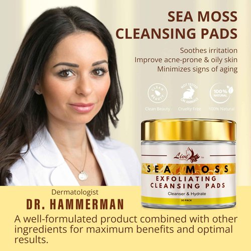 Live Healthy The Original Kojic Acid & Sea Moss Cleansing Pads - Natural, Face Cleanser, with Vitamin E, Glycolic Acid & Hyaluronic Acid - Clears Acne, Face Peel Toner Pads - Made in USA | 30 Pack