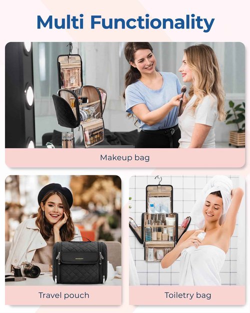 BAGSMART Makeup Bag for Women with Hanging Hook - Portable Cosmetic Case, Large Capacity Door Room Essentials Travel Organizer for Full Sized Cosmetics and Toiletries, Black