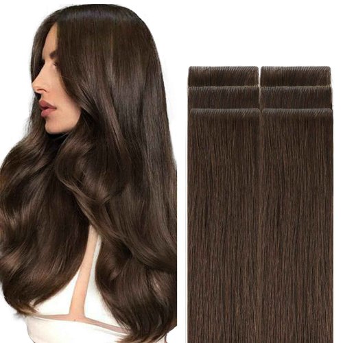 GOO GOO Invisi Edge Tape in Hair Extensions Human Hair, 4A Chocolate Brown, 6pcs 20inch 18g, Virgin Remy Hair, Seamless Injected Tape, Natural Look