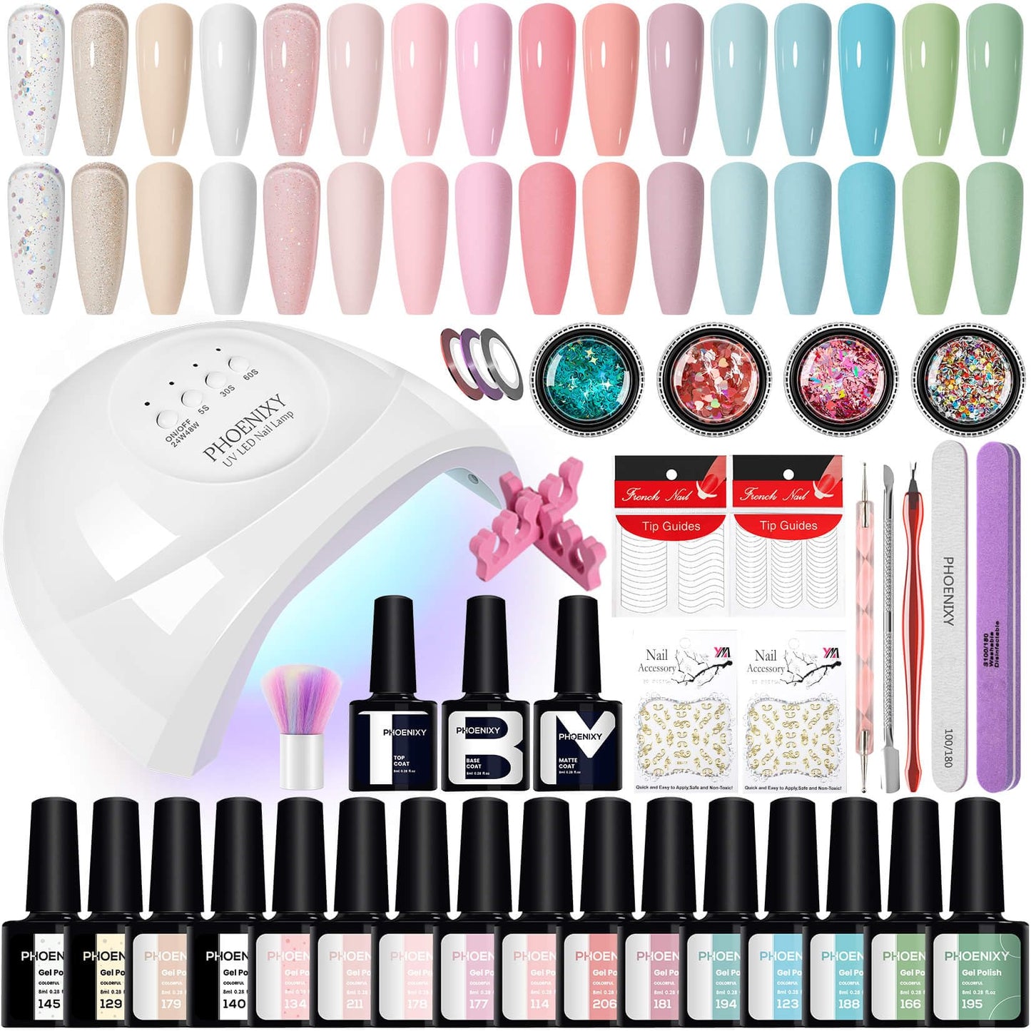 Phoenixy Gel Nail Polish Kit with U V Light, 38Pcs Pink Blue Green White Nude Gel Nail Polish Set with 48W Nail Lamp Gel Nail Kit Gifts for Women