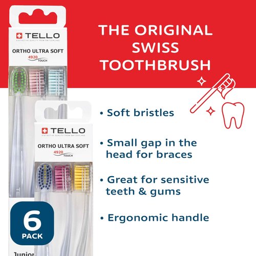 TELLO Adult Soft Ortho Toothbrush for Gentle Cleaning with Ergonomic Handle, Made in Switzerland, Colors Vary, 6-Pack