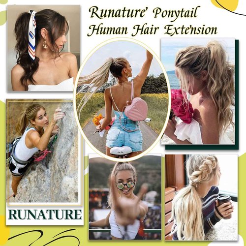 RUNATURE Hair Ponytail Extension Short Human Hair Extensions Ponytail #4 Brown Thick Wrap Ponytail Hair Extensions with Clips Straight Real Hair Pony Tail Extensions Silky 14 Inch 70g