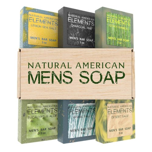NATURAL AMERICAN ELEMENTS Mens Bar Soap - Masculine Scents, 100% Natural Soap for Men - Essential Oils, Organic Shea Butter - Made in USA, Man Body Wash - 5 oz (6pk)