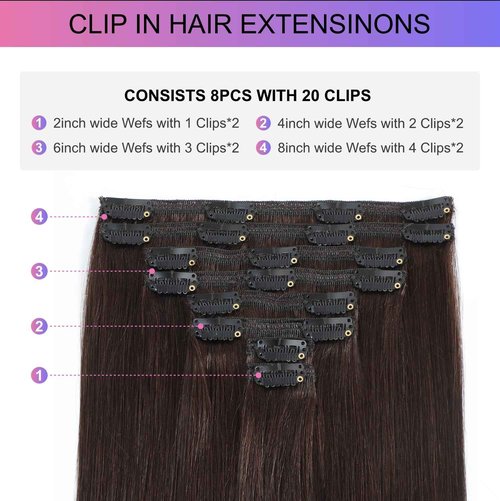 MEYOFUN Dark Brown Clip in Hair Extensions, 2 Dark Brown Hair Extensions Real Human Hair, Invisible Seamless Remy Human Hair Clip Extensions for Women 8pcs Per Set with Double Weft 20 Inch 105g