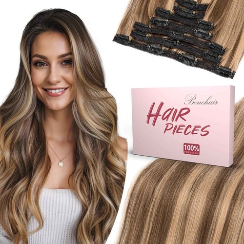 Benehair Clip in Hair Extensions Real Human Hair 14inch Double Weft Medium Brown Mixed Dark Blonde Hair Extensions Clip in Human Hair Lace Weft Straight Hair Extensions Clip ins 7pcs 100g #4P27