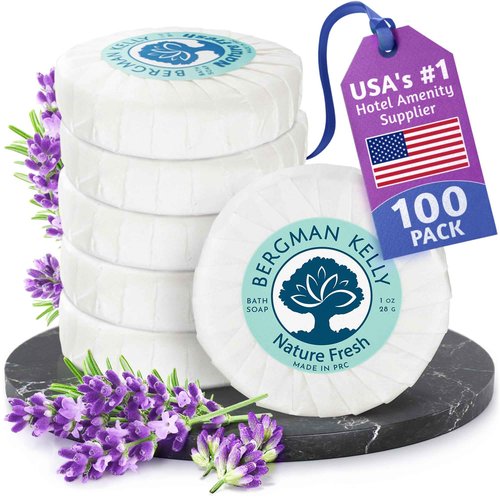 BERGMAN KELLY - Hotel Soap Bars - Nature Fresh, 1 oz, 100 PK - Travel Size Luxury Bulk Amenities Bar Soap - Mini Individually Wrapped Round Soap - Small Toiletries for Airbnb, Motel, Guest Bathroom