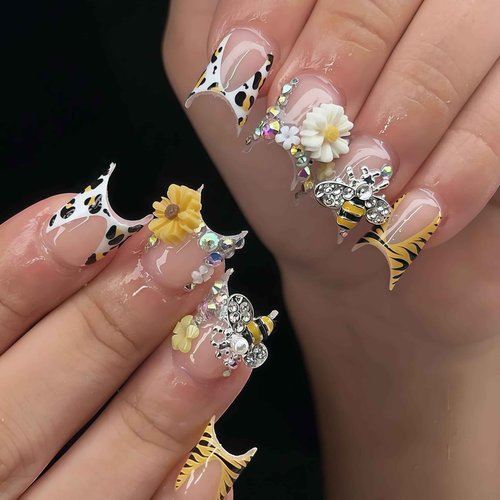 100PCS Nail Charms and Gems Gold Bee Yellow Flower for Nails Design，3D Daisy Y2k Nail Jewels Bulk Nail Art Decor Set