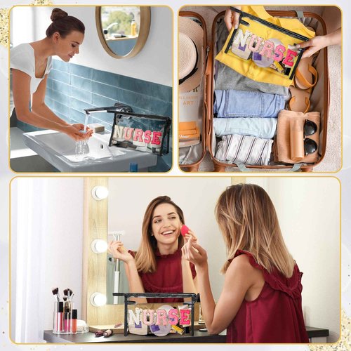 CY2SIDE NURSE Clear Makeup Bag - Gradient Pink NURSE Letter Patch Cosmetic Bag with Handle for Travel