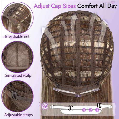 Eawwii Wig with Bangs for Women Ash Blonde with Silver Highlights-Dark Roots Straight Face-Framing Layers Hairstyle 4x4 Realistic Scalp Glueless Synthetic Wigs Medium Length for Everyday Use