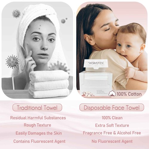 WOWOTEX 100% Cotton Disposable Face Towel 200 Count 10x12 Inch | Biodegradable Thick Soft One Time Use Dry Wipes for Sensitive Skin, Baby Care, Facial Cleaning, Makeup Removal