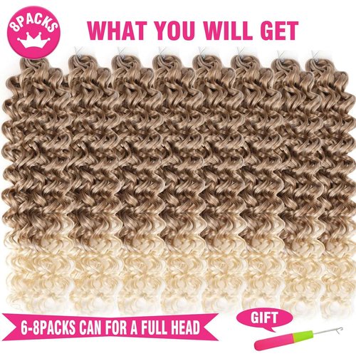 Unionbeauty 8 Pack GoGo Curl Beach Curl Curly Crochet Hair - Ocean Wave 18 Inch Water Wave - Ombre Blonde Synthetic Curly Braiding Hair Extension T27/613#
