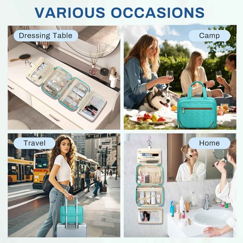 ASKSKY Large Travel Toiletry Bag for Women, Waterproof Hanging Toiletry Bags with Jewelry Organizer, Cosmetic Makeup Bag Organizer, Full-size Container, Travel Essentials Accessories, Shampoo, Green