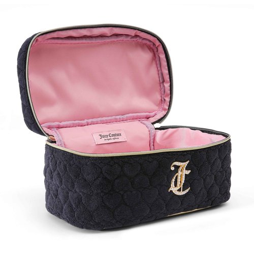 Juicy Couture Black Makeup Bag Cosmetics Organizer Travel Essentials Train Case Terry Cloth Simulated Pearl Logo