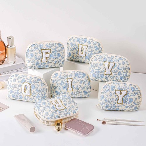 WHHJM Initial Dome Cosmetic Makeup Bag Small Cotton Quilted Makeup Pouch for Purse Cute Blue Floral Travel Toiletry Zipper Pouch (Blue Floral U)