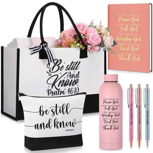 Shinylin 7 Pcs Christian Gift for Women Faith, Inspirational Religious Christmas Gifts, Catholic Tote Bag Makeup Bag Pens(Pink)