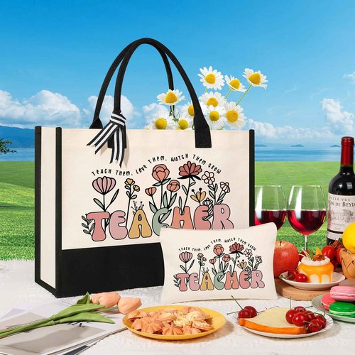 Tecanne Teacher Appreciation Gifts, Canvas Tote Bag and Makeup Bag Set for Women, Thank You Christmas Gift from Student