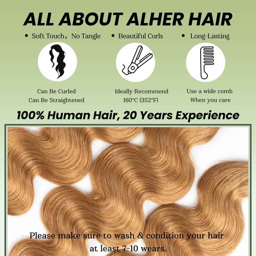 ALHER Color #27 Honey Blonde Bundles Human Hair Body Wave, Sew In Weave Wavy Single Bundle for Black Women, 12A 100% Unprocessed Virgin Remy Hair Soft Thick 14 Inch