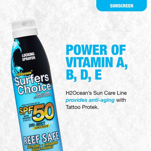 H2Ocean Surfers Choice SPF 50 Spray - Quick-Drying Sunscreen Spray for Tattoo Aftercare & UV Protection - Reef-Safe Sun Protection for All Ages - 6 oz (Pack of 2)